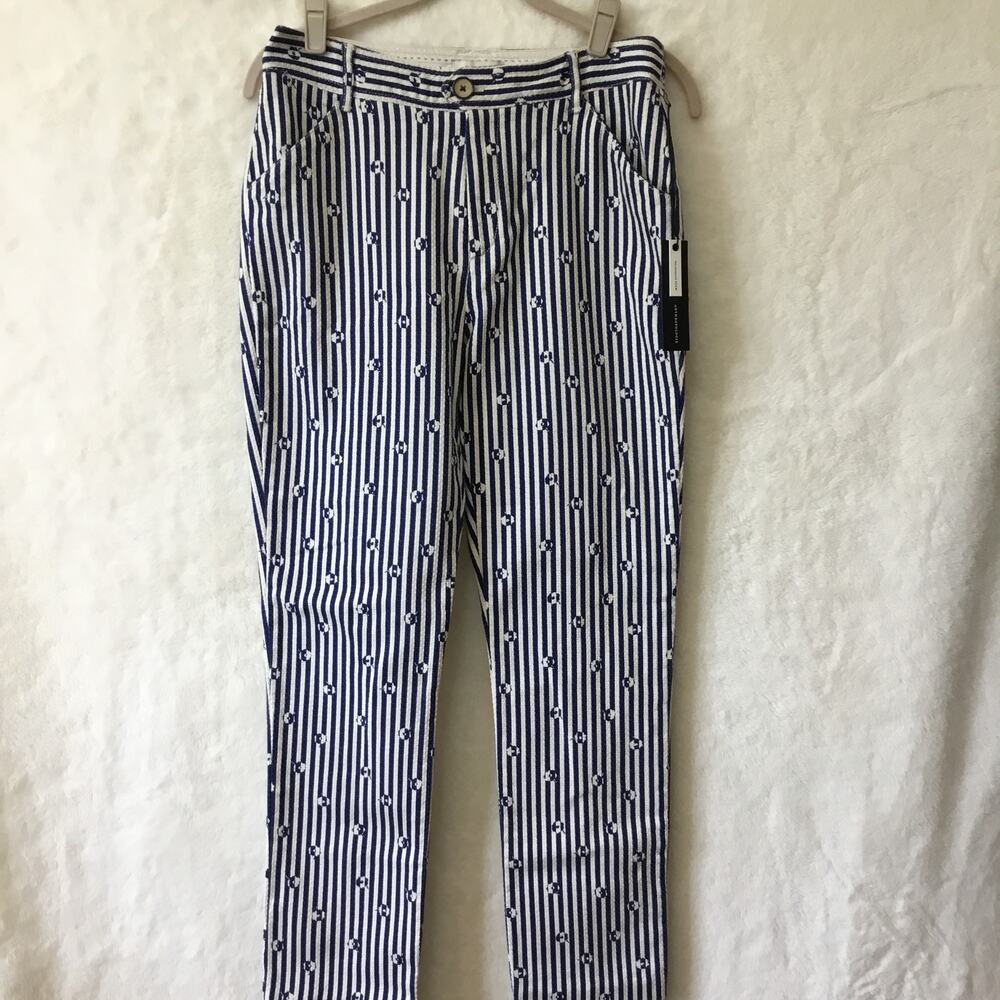 Anthropologie Blue & White Slim Trousers with Embroidery